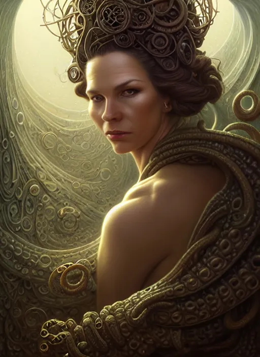 Image similar to portrait shot of a female detective in a scenic lovecraftian environment, intricate, elegant, highly detailed, centered, digital painting, artstation, concept art, smooth, sharp focus, illustration, artgerm, tomasz alen kopera, peter mohrbacher, donato giancola, joseph christian leyendecker, wlop, boris vallejo