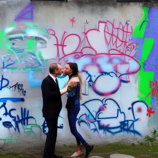 Prompt: Putin and Lavrov kissing, kiss on the Berlin wall, graffiti, 8k