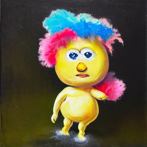 Image similar to impasto painting of a glowing kewpie doll that looks like Big Bird, painted in the style of Watteau with sad minion eyes, thick paint, visible brushstrokes, abstract elements