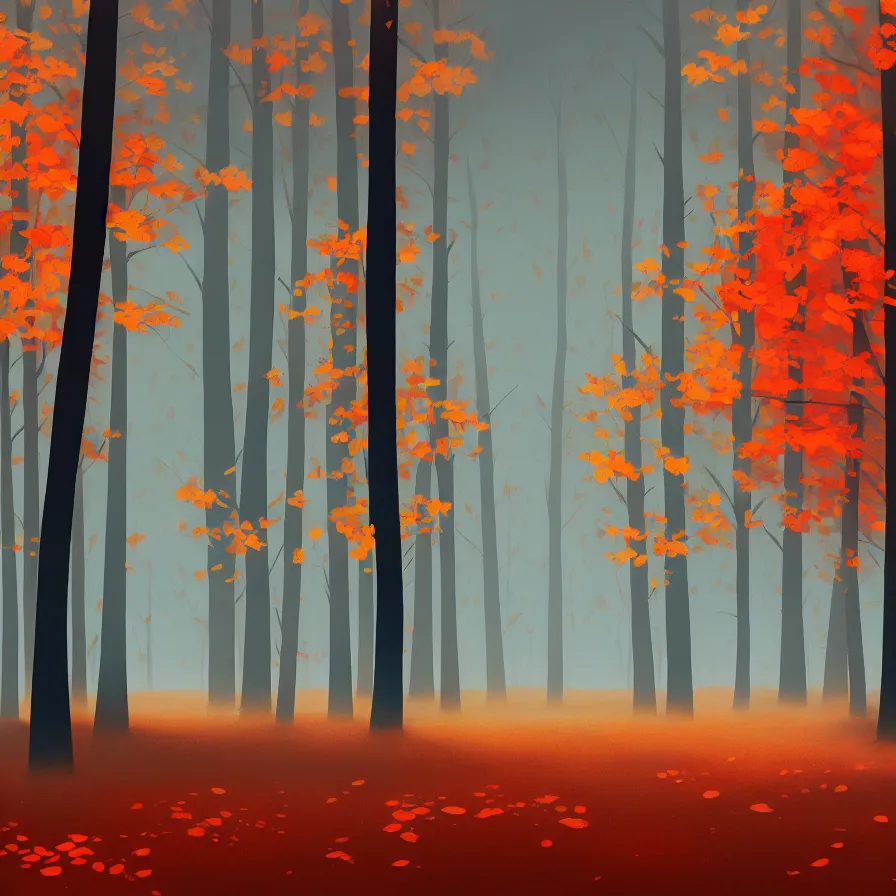 Image similar to Goro Fujita ilustration a forest in autumn perfectly illuminated with near and distant trees, tall and straight trees, separated from each other, painting by Goro Fujita, sharp focus, highly detailed, ArtStation