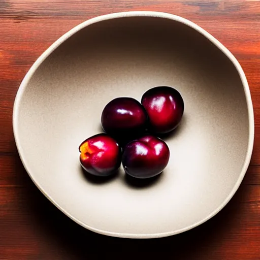 Image similar to photo of a single thick porcelain bowl filled with a few moist freshly picked plums on a wooden table. volumetric lighting. 4 k. small scale. realistic. top down.