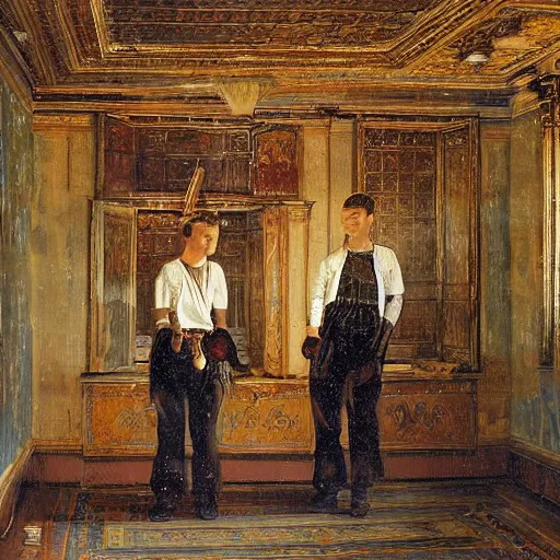 Prompt: udmurt twins uncovering the mysteries of long forgotten room with a starlit ceiling, in the style of konstantin razumov, detailed faces, extremely detailed