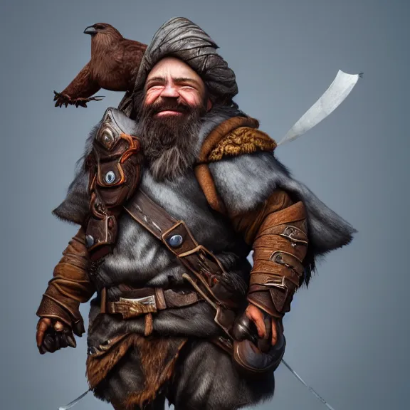 Image similar to Dwarf Ranger with Raven Companion on Shoulder, RPG Portrait Full Body, Oil Painting, Trending on Artstation, octane render, Insanely Detailed, 8k, HD