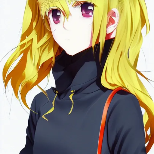 Image similar to advanced digital anime art, female teen with red eyes and blonde / yellow hair that is to neck length wearing a dark grey school outfit. drawn by Shikamimi, WLOP,rossdraws