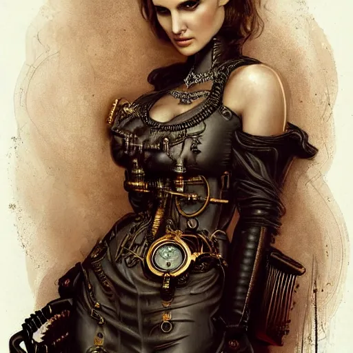 Prompt: beautiful Natalie Portman, perfect face and body, in detailed steampunk dress, smooth, sharp focus, illustration, realistic, cinematic, artstation, gold, ornate, award winning, original modern artwork, set on H. R. Giger aesthetic, rgb ethereal lighting,8k