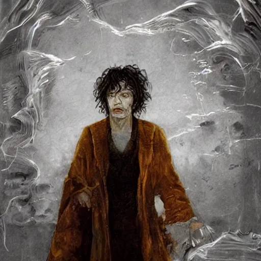 Image similar to Morpheus from The Sandman by Neil Gaiman standing in a doorway leading into the void, portrait, digital art, ultra realistic, highly detailed, HD, artstation, concept art, smooth, sharp focus, illustration, cinematic lighting, comicbook, art by Sam Kieth and Mike Dringenberg