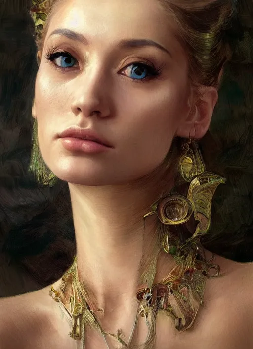 Image similar to a highly detailed photo of very intricate female face portrait, futurism, rococo cyber neon lighting, detailed futuristic fibonacci jewelry, profile posing, hyper photorealistic, trending in pinterest, cinematic, 4 k ultra hd, by denis villeneuve tom anders zorn hans dragan bibin thoma greg rutkowski ismail inceoglu illustrated sand storm alphonse mucha