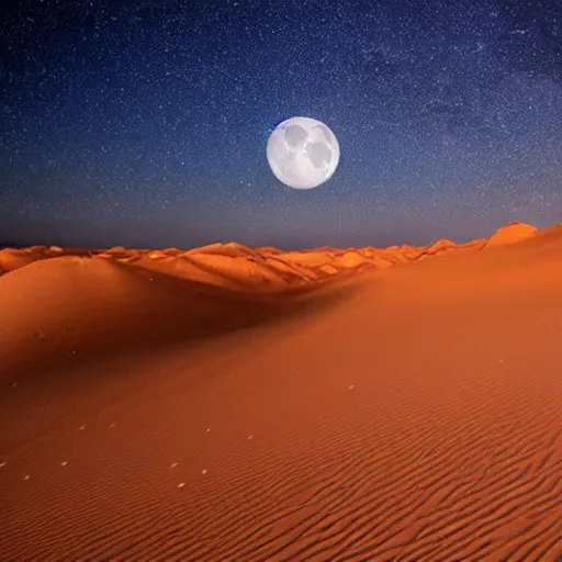 Prompt: desert night with extremely huge moon