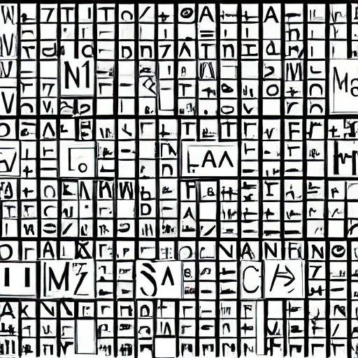 Image similar to latin alphabet in square boxes, mathematical, symmetrical, grayscale, sharp