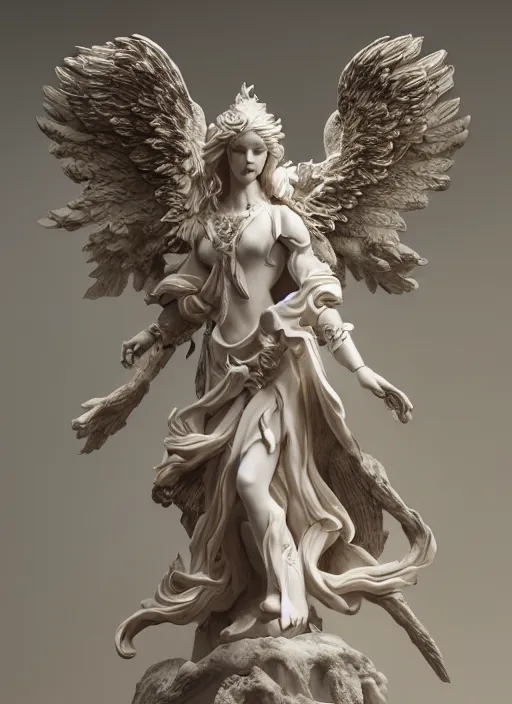 Image similar to high intricate porcelain sculpture of a baroque angelic warrior standing on the edge of a cliff, maria panfilova, andrea savchenko, mike kime, ludovic plouffe, qi sheng luo, oliver cook, trending on artstation