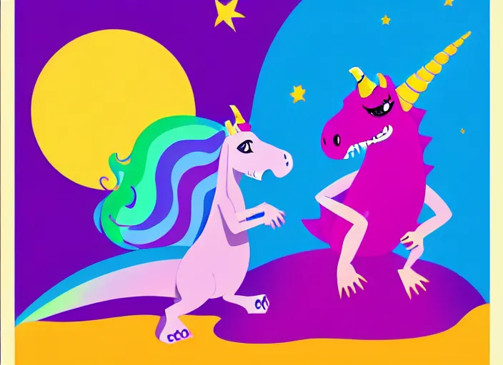 Image similar to T-rex and Unicorn relaxing, colorful,modern, disney poster, detailed,