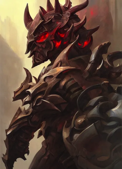 Image similar to Greg Manchess portrait painting of a demonic, devil armored character from league of legends, full shot, asymmetrical, profile picture, Organic Painting, sunny day, Matte Painting, bold shapes, hard edges, street art, cybernetic, metalic, robotic, trending on artstation, by Huang Guangjian and Gil Elvgren and Sachin Teng