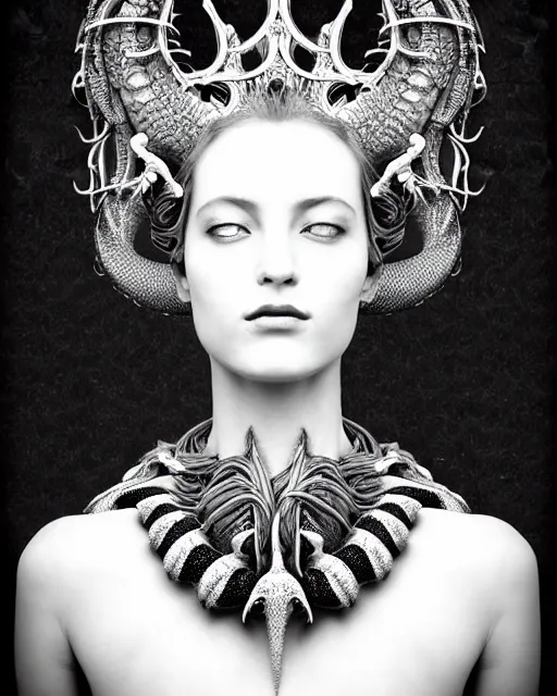Image similar to dark background, a black and white high quality dreamy photo of a young beautiful female queen-dragon-vegetal-cyborg bust with a very long neck and delicate Mandelbrot fractal face, elegant, highly detailed, flesh highly baroque ornate, hair are curled wired cables, elegant, poetic, soft, dreamy, mysterious, high fashion, rim light, in the style of Ellen von Unwerth, Realistic, Refined, Digital Art, Highly Detailed, Cinematic Lighting, rim light, black and white, photo-realistic, 8K