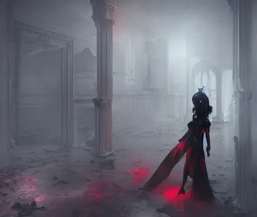 Image similar to imperial princess knight gothic girl standing on an abandoned hospital room with red ceiling lighting and several blue lights on the walls, gloomy and foggy atmosphere, octane render, artstation trending, horror scene, highly detailded