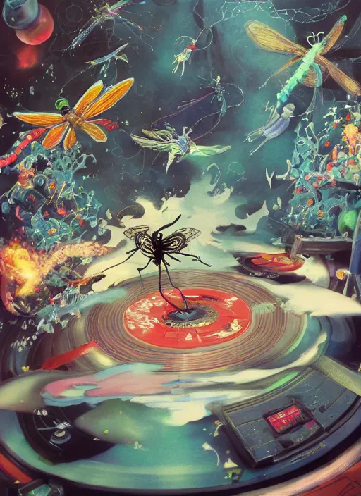 Image similar to surreal gouache painting, by yoshitaka amano, by ruan jia, by Conrad roset, by good smile company, detailed anime 3d render of a magical Vinyl Discos flying, DJ Mixer, deck surrounded by Dragonfly ,flying discos , controller, portrait, cgsociety, artstation, rococo mechanical and Digital and electronic, dieselpunk atmosphere