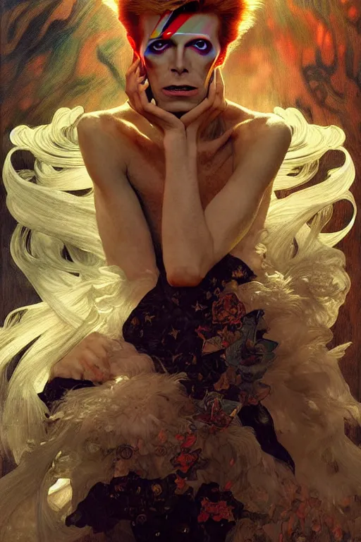 Image similar to David Bowie, fantasy, intricate, elegant, dramatic lighting, emotionally evoking symbolic metaphor, highly detailed, lifelike, photorealistic, digital painting, artstation, concept art, smooth, sharp focus, illustration, art by John Collier and Albert Aublet and Krenz Cushart and Artem Demura and Alphonse Mucha