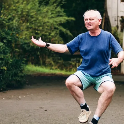 Image similar to a 6 0 - year - old irish / english man with short brown hair and wearing shorts and a dark blue t - shirt, dancing animatedly like a chicken in the kitchen