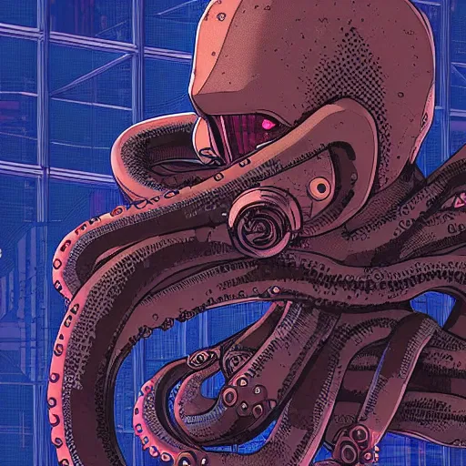 Prompt: cyberpunk Octopus, Industrial Scifi, detailed illustration, techwear, character portrait, by Martin Grip and Moebius