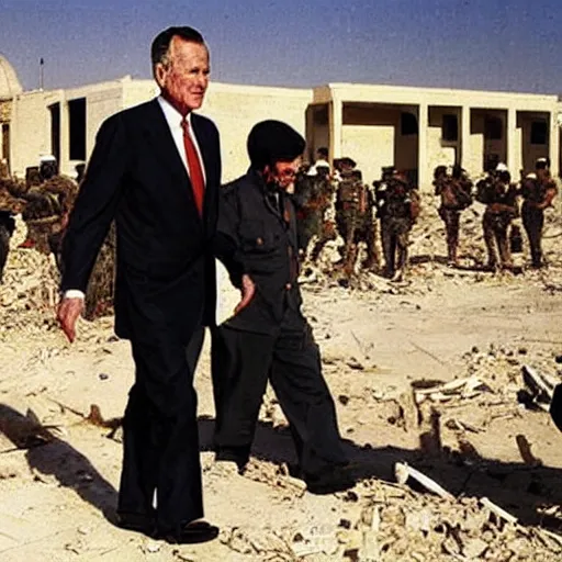 Image similar to George H.W. Bush destroys Iraq, historical photo