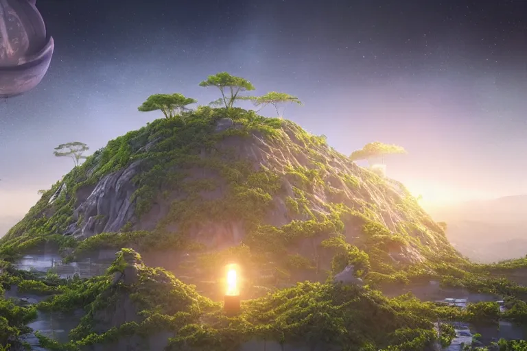 Image similar to highly advanced civilization living in hindu temple inspired space colonie, floating islands connected with roots, avatar like landscape, high - tech space cult with trees and plants and alien flowers, dramatic lighting, epic, octane render, volumetric light, unreal engine, artbreeder, 8 k, background, scene, digital, artwork, high quality, 8 k