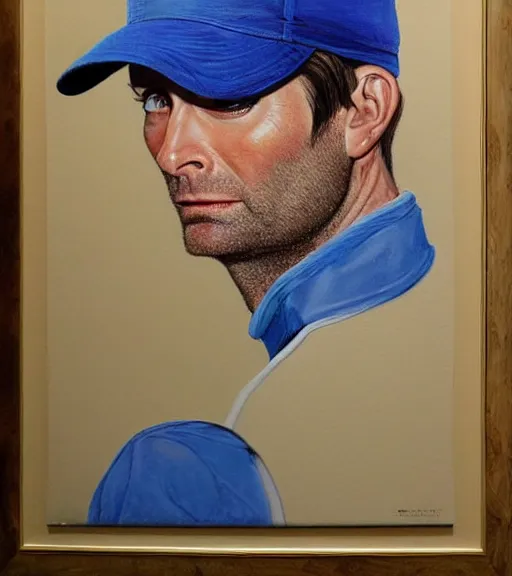 Image similar to portrait of david tennant as a golfer, white cap, beige and blue overstich, very detailed eyes, hyperrealistic, very detailed painting by Glenn Fabry, by Joao_Ruas