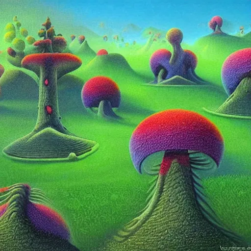 Image similar to surrealistic painting of cannabis dense bushes on alien planet, colourful morning, by vladimir kush