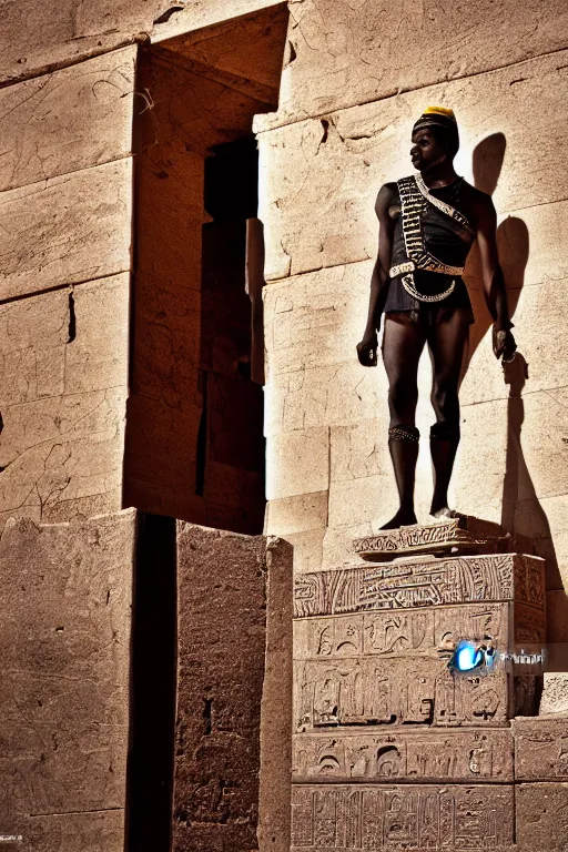 Image similar to a dramatic hero portrait of a live nubian temple guard in old egypt. photography photo art. cover of time magazine, dramatic light and shadow, saturated colors, ciaroscuro