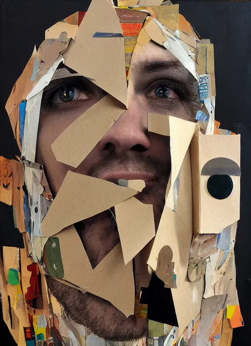 Image similar to a man with a moth mask, cardboard and scotch tape, chain, collage, acrylic on canvas, expressionism movement, breathtaking detailed, by blake neubert