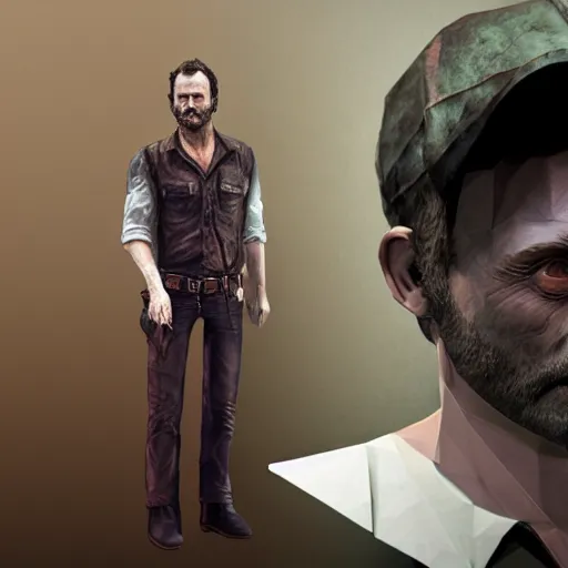 Image similar to rick grimes in-frame, paper craft low poly, the walking dead, Diane Arbus, fantasy, medieval, vivid colors, elegant, concept art, sharp focus, digital art, Hyper-realistic, 4K, Unreal Engine, Highly Detailed, HD, Dramatic Lighting by Brom, trending on Artstation