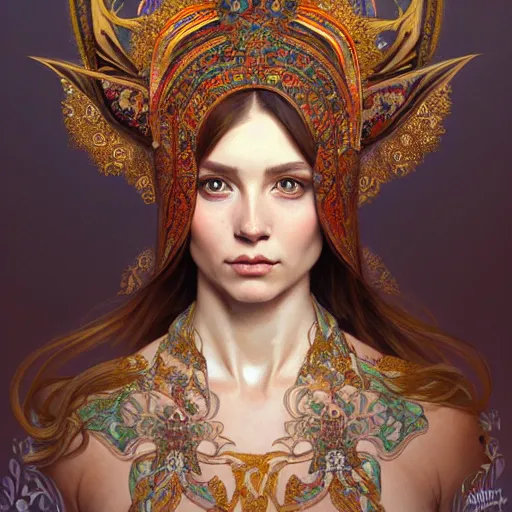 Image similar to a portrait of a female dear hybrid, upper half portrait, decorated with russian motifs, russian shaman, siberia, traditional russia, intricate, elegant, highly detailed, symmetry, headpiece, digital painting, artstation concept art smooth sharp focus, illustration, art by artgerm and greg rutkowski alphonse mucha 8 k