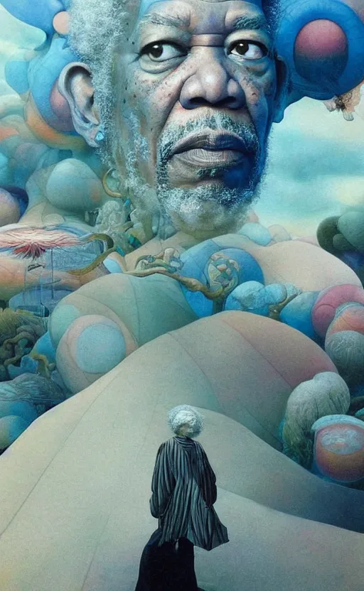 Image similar to ultrawide angle colour masterpiece surreal closeup portrait photography of morgan freeman playing on stage by miho hirano and annie leibovitz and michael cheval, weird surreal epic psychedelic complex biomorphic 3 d fractal landscape in background by kilian eng and roger dean and salvador dali and beksinski, 8 k