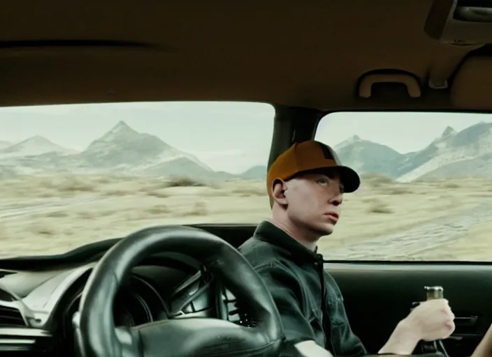 Image similar to a very high resolution image from a new movie, eminem driving a car. inside of a car. alone. mountains, directed by wes anderson