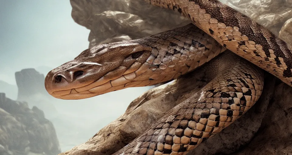 Prompt: closeup portrait of a colossal rattlesnake in a rocky environment, dramatic lighting, cinematic, octane render, cgsociety, artstation, 4k