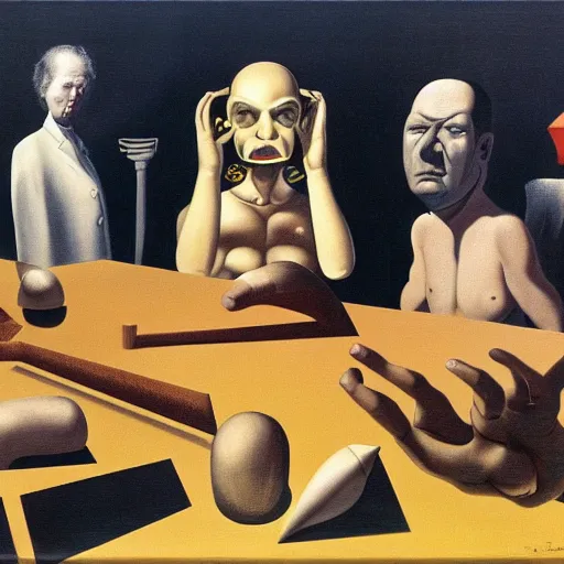 Prompt: problem of evil, godless, symbolic, freudian, by dali and de chirico and magritte and paula rego and neo rauch