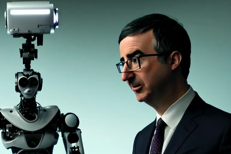 Image similar to vfx film closeup, john oliver interviewing a robot, flat color profile low - key lighting award winning photography arri alexa cinematography, hyper real photorealistic cinematic, atmospheric cool colorgrade