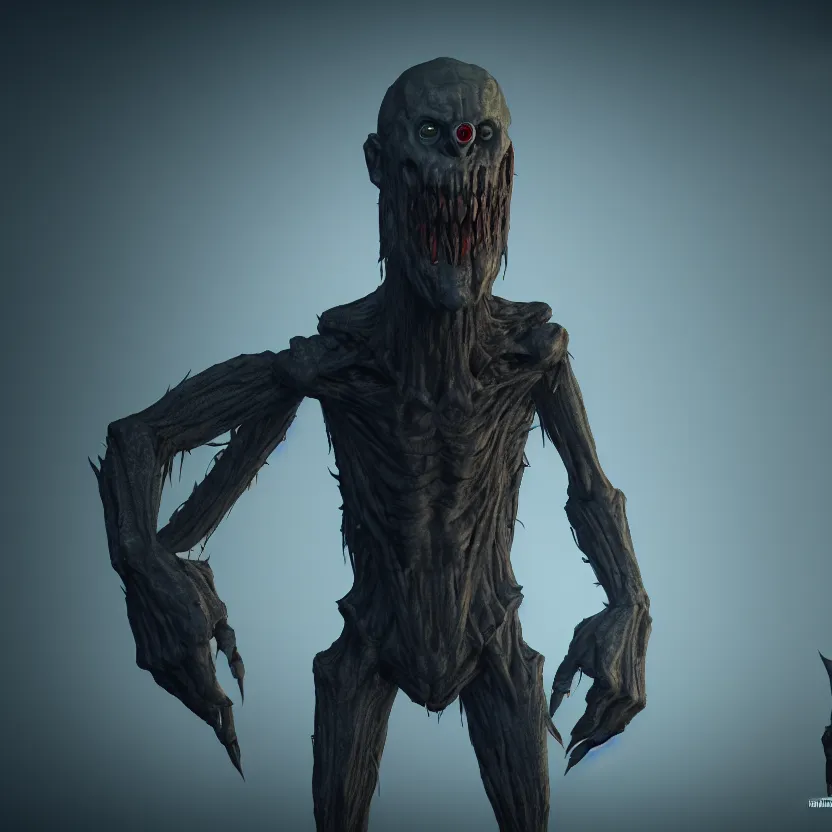 Prompt: a tall humanoid monster with a pale mouthless face and staring evil eyes, horror game graphics, horror monster design concept art, 4k, octane render, unreal render, indie video game horror
