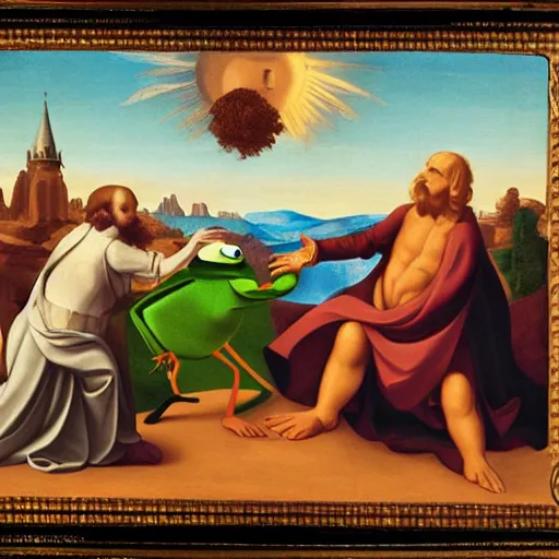 Image similar to the creation of adam but with kermit the frog and jim henson instead, muppets, renaissance style, heavenly, cosmic, god rays, intricate detail, 8 k,