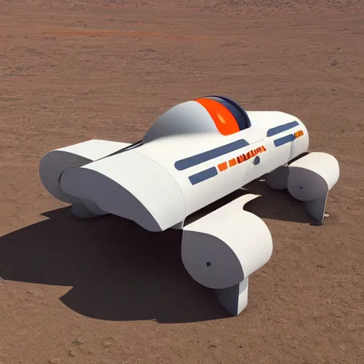 Prompt: a Space X design inspired, white colored, tall rounded rectangular shaped multi-level cargo personnel planetary transport vehicle with orange accents, wires and tubes, communication systems, antennas, on top is a hemisphere shaped life support pod, stairs, off road wheels, on a flat desert planet, sunlight, dramatic contrasting light, high quality, 3D render, long shot, clear blue sky, detailed