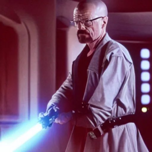 Prompt: A still of Walter White in Star Wars: A New Hope, holding an activated lightsaber