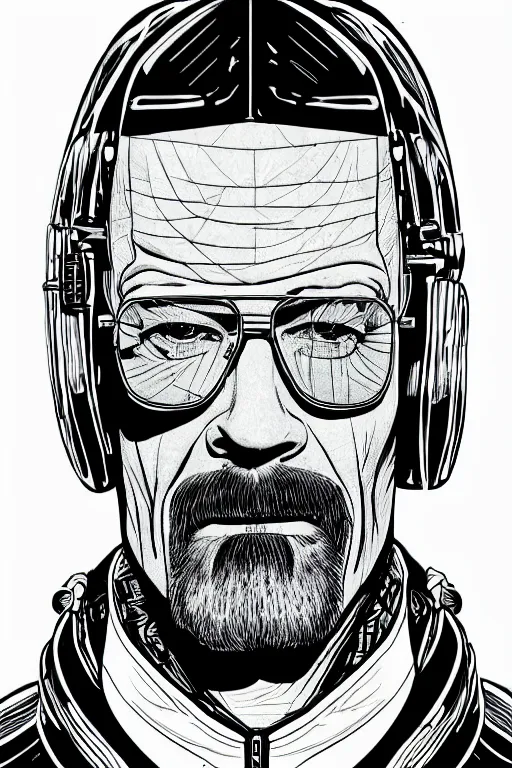 Prompt: tall angle hyper detailed comic illustration of a cyberpunk Walter White wearing a futuristic sunglasses and a gorpcore jacket, markings on his face, by Eng Kilian, intricate details, vibrant, solid background