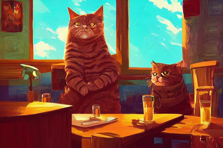 Prompt: a digital art of a cat sits on a chair in a bar in the afternoon, the sun shines in, animal, light effect, highly detailed, warm and delightful, by anton fadeev