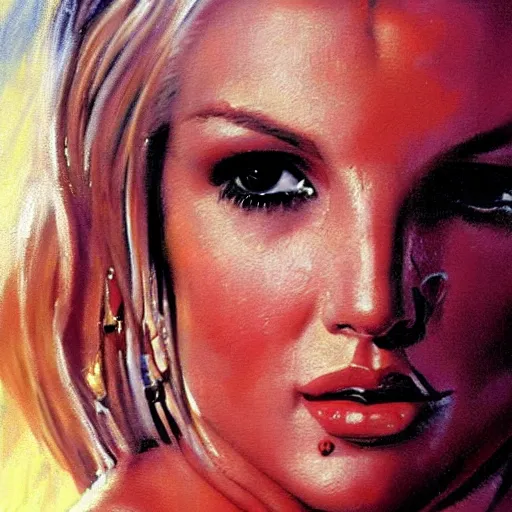 Image similar to ultra realistic portrait painting of britney spears in she's all that, art by frank frazetta, 4 k, ultra realistic, highly detailed, epic lighting.