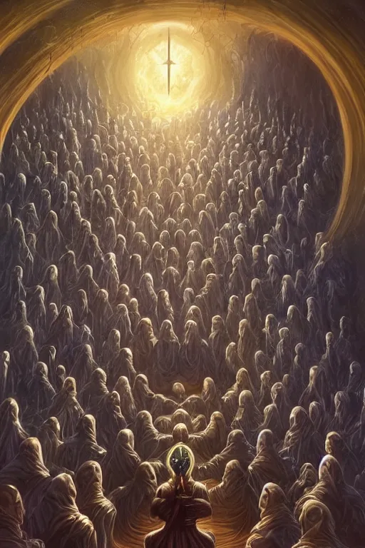 Image similar to a quantum computer surrounded by a dark cabal of hooded elven mystics with long robes gathered in a circular formation, michael whelan, dan seagrave, boris vallejo