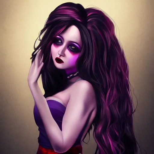 Image similar to full body art of a cute woman, long purple hair, black tanktop, red tartan skirt, black gloves, purple lipstick, digital art, fantasy art, 4k,