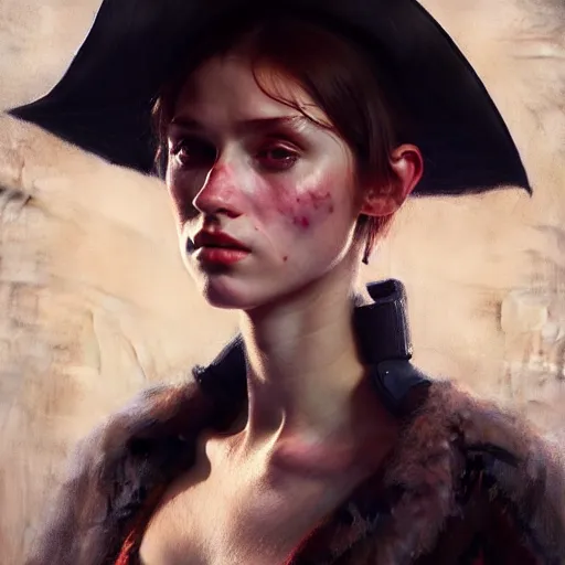 Prompt: young angry woman, beautiful girl, full body, no hair, cowboy hat, realistic, serov, surikov, vasnetsov, repin, kramskoi, insanely detailed, charlie bowater, tom bagshaw, high resolution, octane rendered, unreal engine, illustration, trending on artstation, masterpiece, 8 k