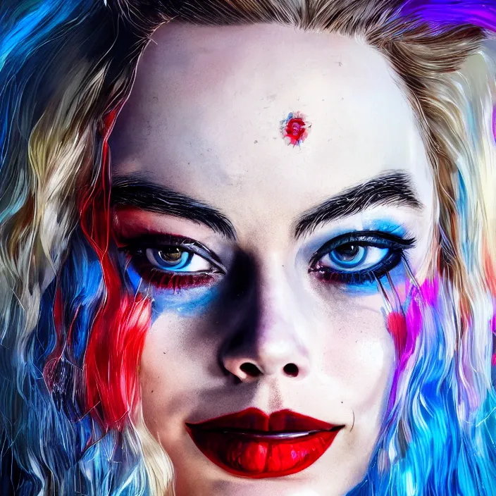 Image similar to portrait of Margot Robbie as a harley quinn. intricate abstract. intricate artwork. by Tooth Wu, wlop, beeple, dan mumford. octane render, trending on artstation, greg rutkowski very coherent symmetrical artwork. cinematic, hyper realism, high detail, octane render, 8k, iridescent accents