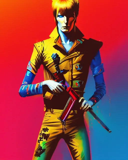 Image similar to poster of ziggy stardust with a bowie knife, colorful, james jean, ilya kuvshinov, krenz cushart, Greg Rutkowski, trending on artstation, masterpiece