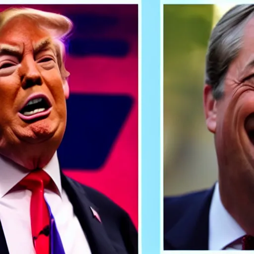 Image similar to nigel farage points at trump in terror, trump points back, realistic, detailed, 4 k, photography