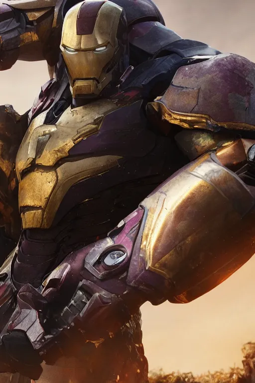 Image similar to thanos in a damaged and broken iron man suit, cinematic, volumetric lighting, f 8 aperture, cinematic eastman 5 3 8 4 film, photorealistic