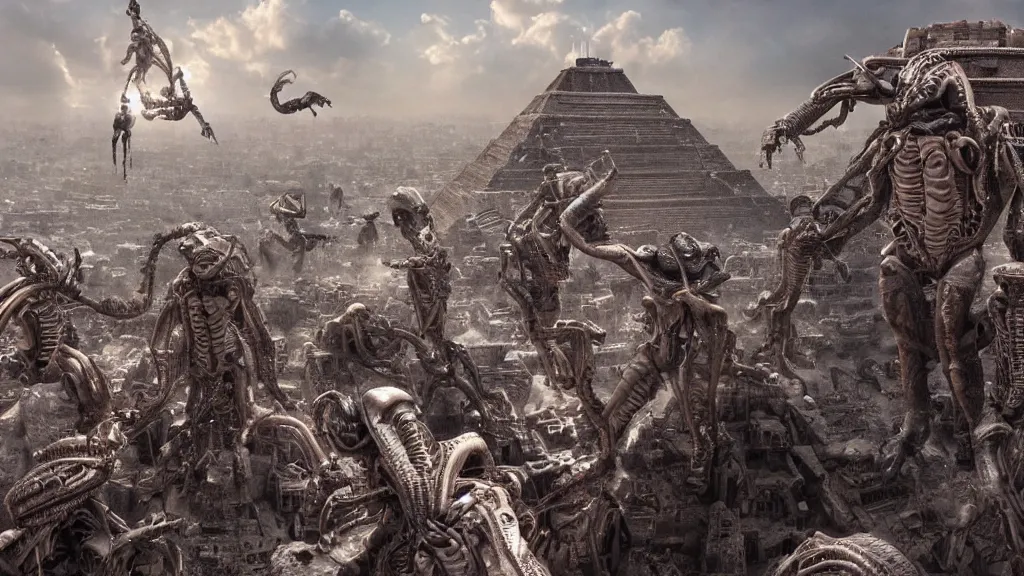 Prompt: aliens brainsuckers sacrifice humans with electricity on top of aztec pyramids, perfect faces, fine details, studio lighting, close up subtle shadows, art by katsuya terada, photorealism, hyper realism, octane render, hyper detailed, photo still from movie by denis villeneuve